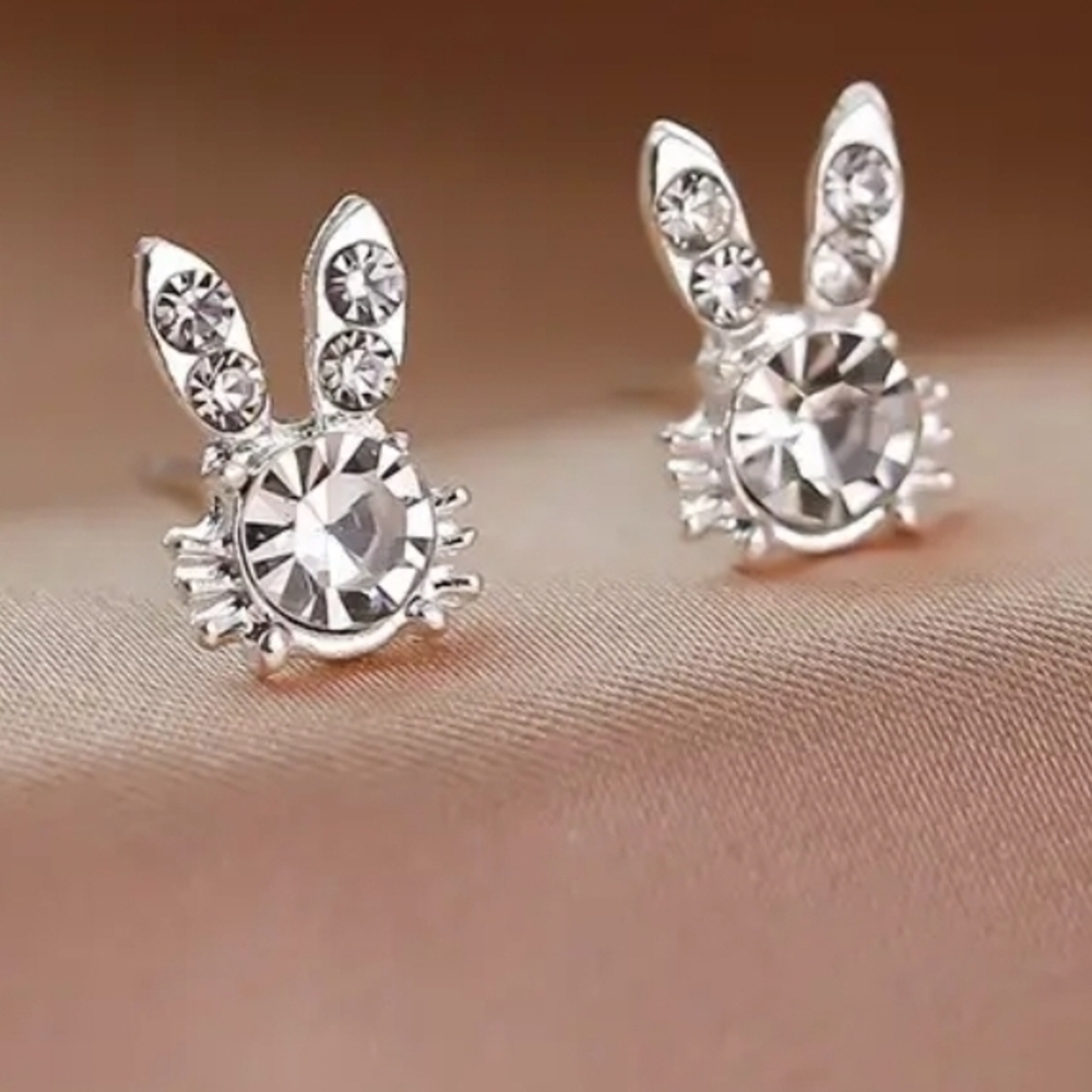 Elegant Silver Tone Crystal Bunny Earrings